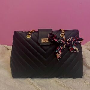 Ardene Black Quilted Tote with Gold Chain Handles and Floral Scarf Accent
